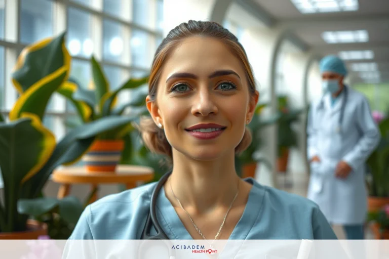 The image features a woman in a medical setting, possibly a hospital or clinic. She is wearing a blue lab coat and has a pleasant expression on her face. To the right, there's another person in a similar outfit, suggesting they might be part of the same profession. The environment includes various medical equipment and plants, contributing to an atmosphere of care and professionalism.