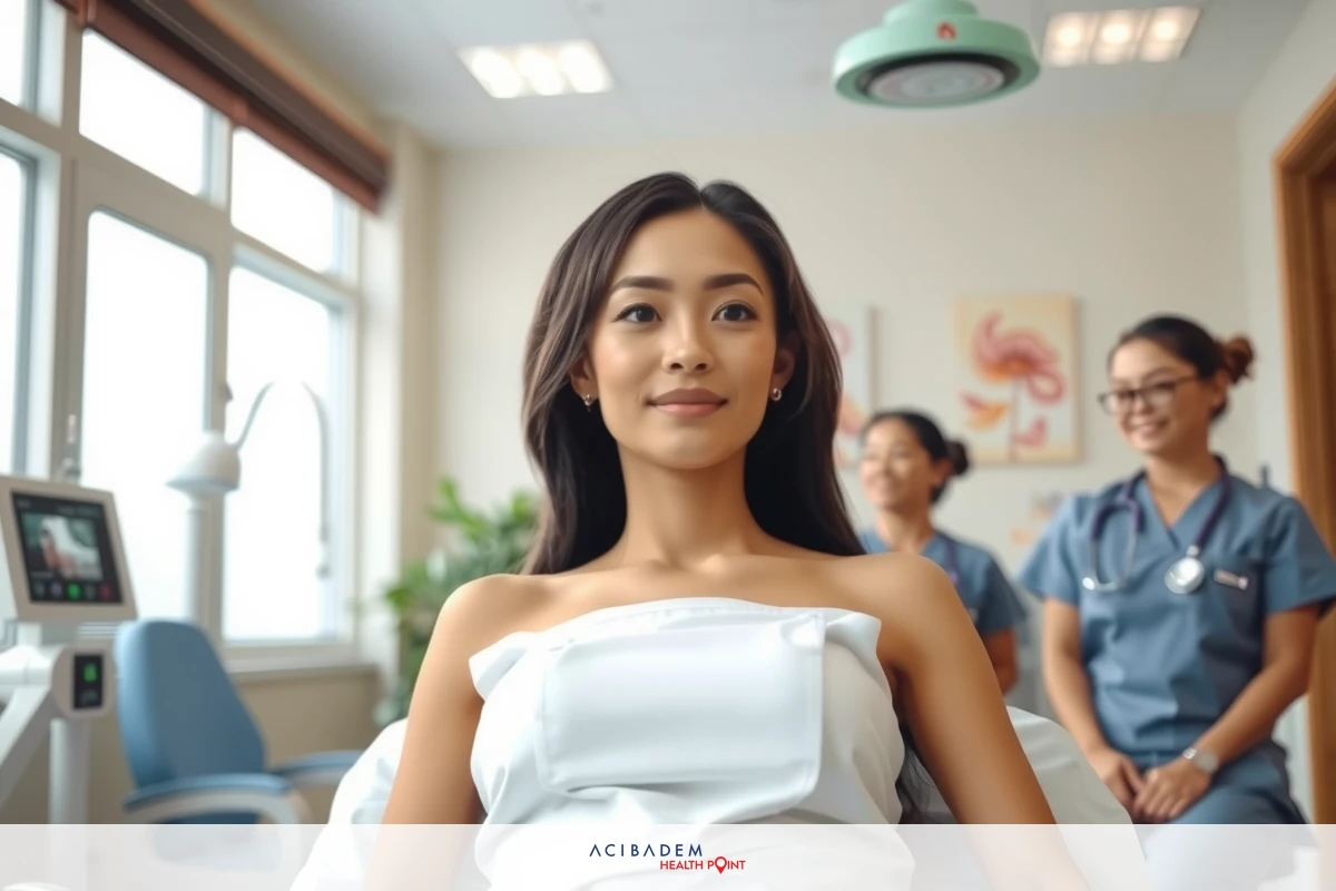 A woman lies on a medical bed, looking away from the camera and smiling. There are healthcare professionals attending to her, indicating she is at a hospital or clinic setting.
