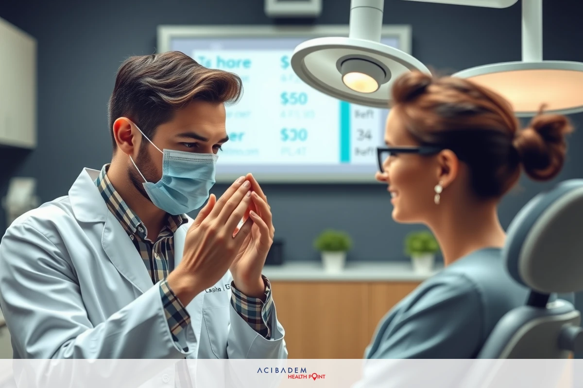 Two individuals, a plastic surgeon and a patient, are seen in an office setting. The plastic surgeon is wearing protective gear such as a face mask. They are engaged in a discussion or examination of the patient's nose area.
