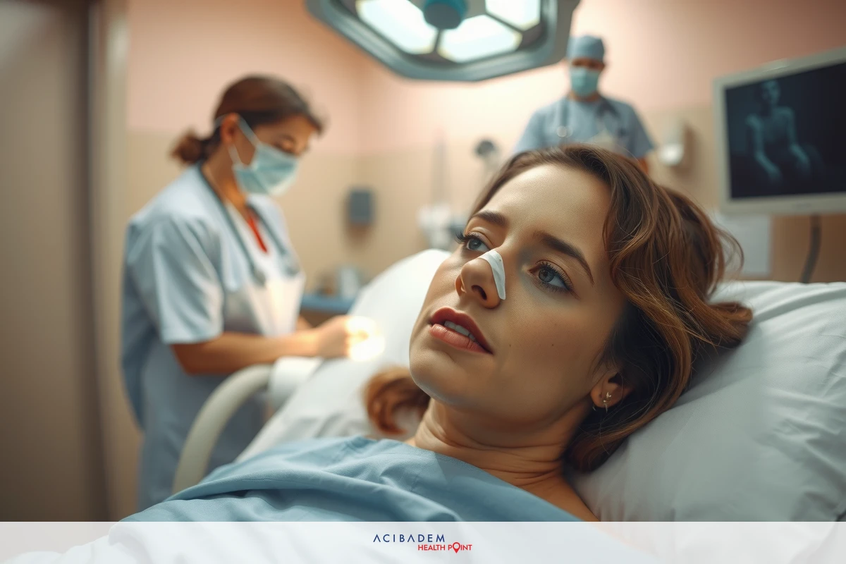 The image captures a medical scenario where two healthcare workers are attending to a female patient who is lying on a hospital bed. The woman appears to be sedated. She is wearing a blue gown, which is typical for hospital patients.