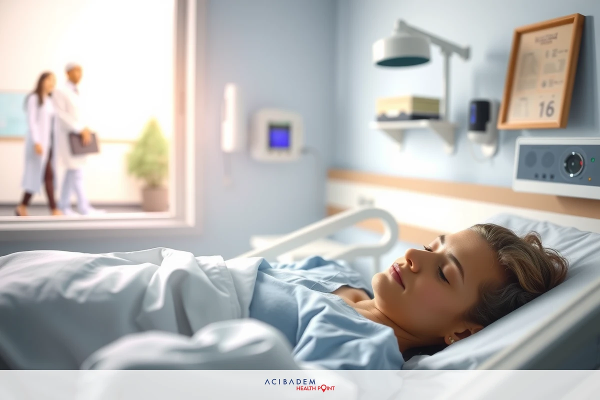 The image shows a hospital room with a woman lying in bed, sleeping. There are medical devices and a window visible.