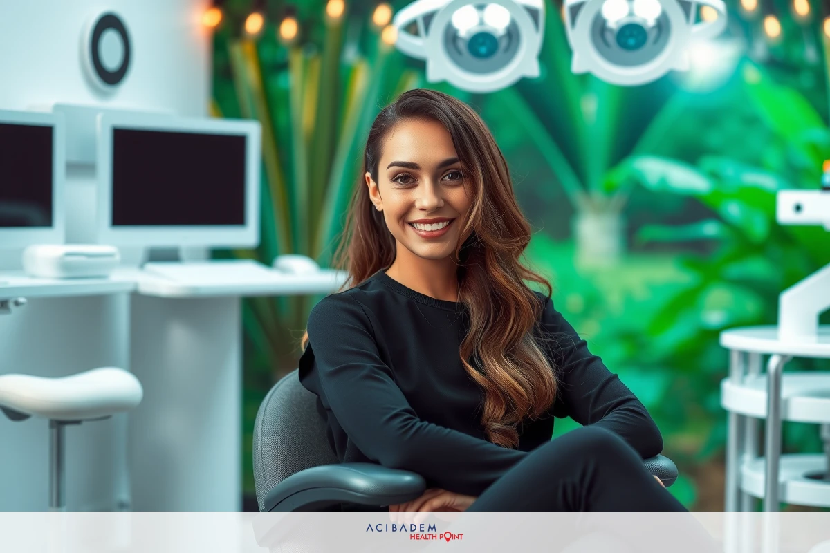 The woman is sitting in her chair and surrounded by high-tech devices, suggesting a modern, high-tech patient office environment. She is smiling and appears to be being examined.