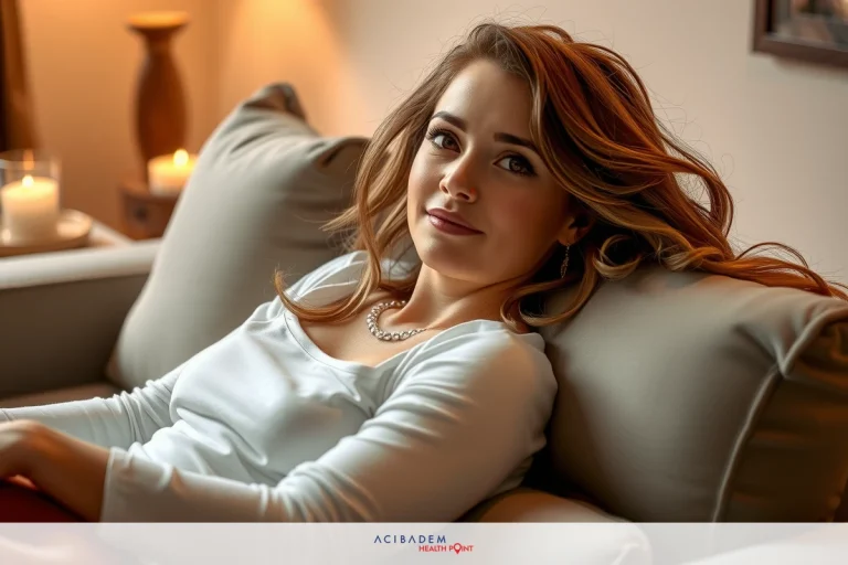 The image depicts a woman with blonde hair seated on a couch in a domestic setting. She is wearing a white top and appears relaxed. The environment includes soft lighting and ambient decor items that suggest a cozy atmosphere.