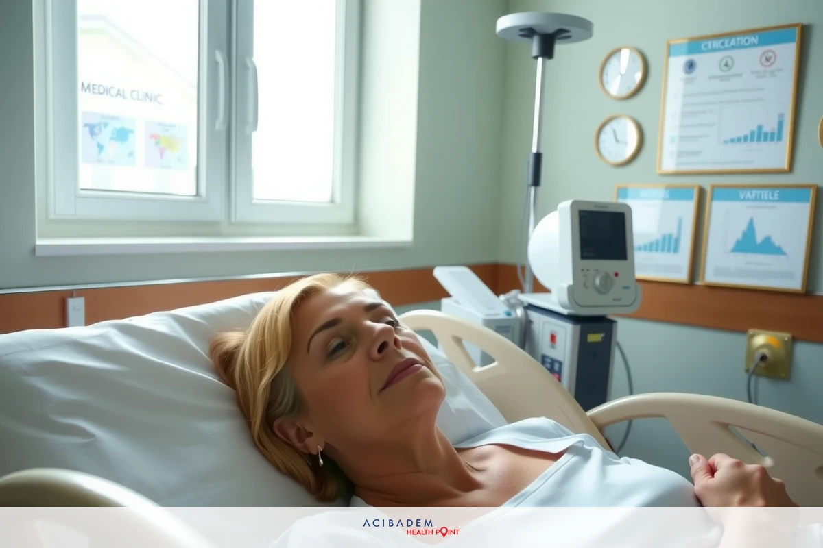 The image depicts a hospital room with medical equipment. A woman lies in a hospital bed, appearing to be in a resting state. The room has clinical walls and contains various pieces of medical equipment including monitors. There are signs on the wall that provide instructions for patients. The overall scene is indicative of a patient's recovery or treatment within a healthcare facility.