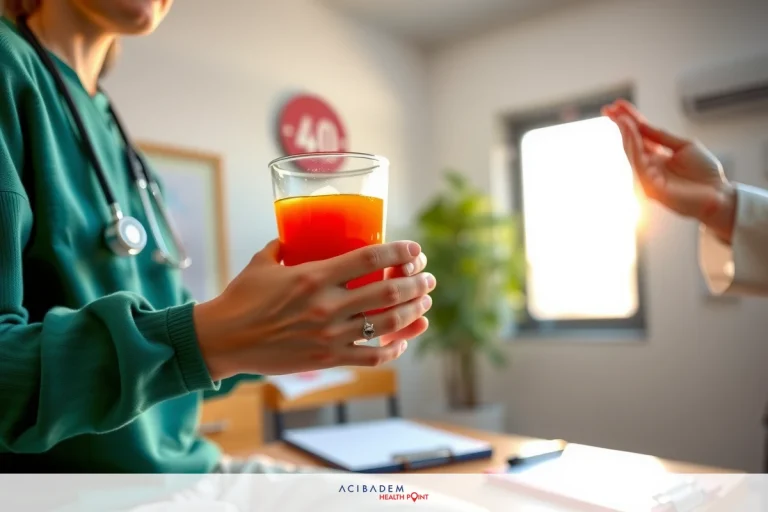 The image shows an indoor setting, likely a medical office. A person, presumably a healthcare professional due to attire, is holding a cup of orange liquid, possibly tea or juice. The individual appears to be in conversation with another person who is not visible in the frame. The room has a casual and comfortable atmosphere, with natural light streaming through windows.