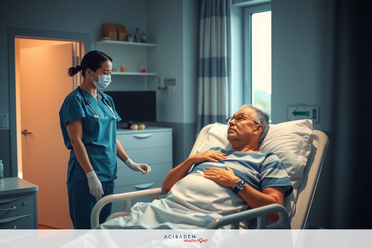 A medical scene where a doctor, dressed in blue scrubs and wearing a face mask, is attending to an elderly male patient lying on a hospital bed. The doctor is likely evaluating the patient's condition or performing a physical exam.