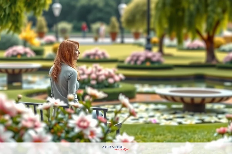 BBL in Turkey Prices In the image, a woman in casual attire is seen from behind as she stands near an ornate water fountain. She seems to be observing something of interest outside the frame. The setting appears to be a well-maintained garden or park with pink flowers in bloom and lush greenery.