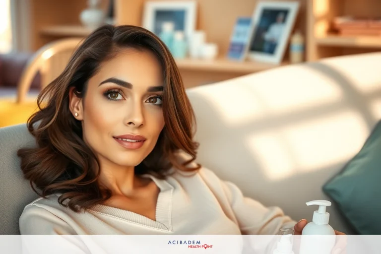 Open Rhinoplasty Surgery in Mumbai A young woman sitting on a couch, holding a cream box and smiling. She is in a comfortable indoor living room environment, with soft lighting suggesting the time could be evening or late afternoon.