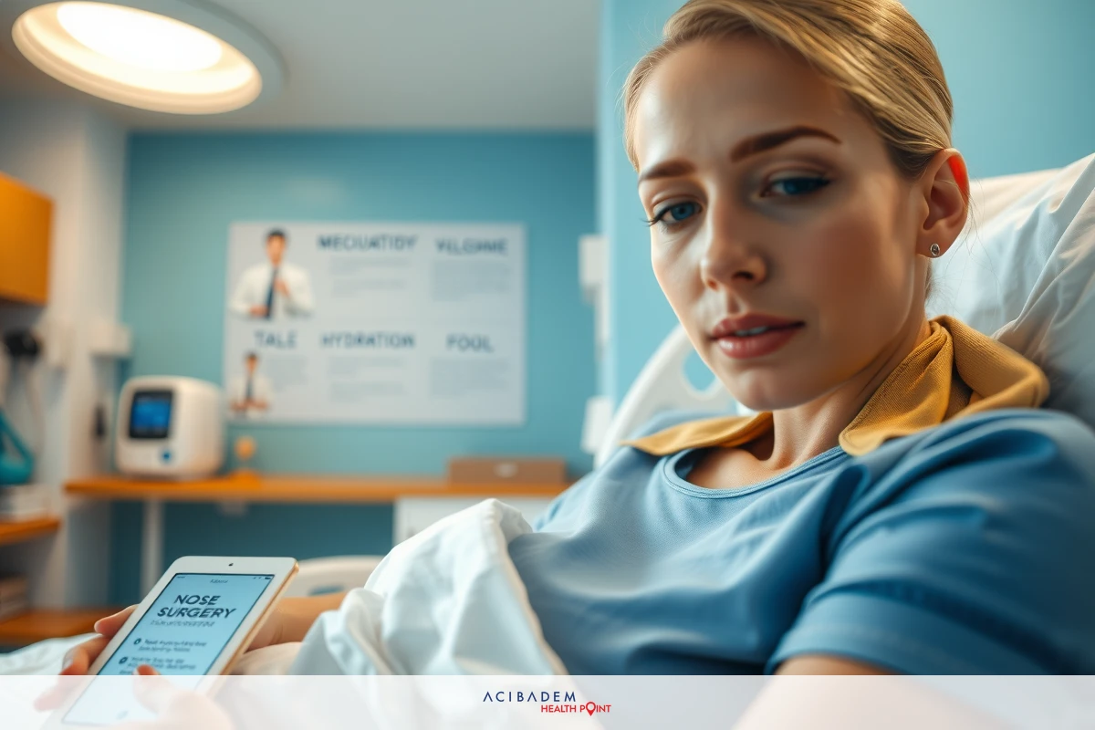 The image shows a hospitalized woman in her bed. She is holding a tablet and appears to be reading or interacting with its content. The room has medical equipment and posters, indicating that it's a healthcare facility. Her surroundings suggest she might be receiving care for a medical condition.