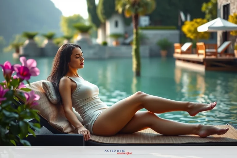 Liposuction Knees Turkey The image depicts a woman lounging by the pool. She is seated on a deck chair and appears to be relaxed. The setting seems serene, with the pool surrounded by trees that provide shade. The color palette of the scene includes natural greens and blues from the environment, contrasting with the woman's white swimsuit.