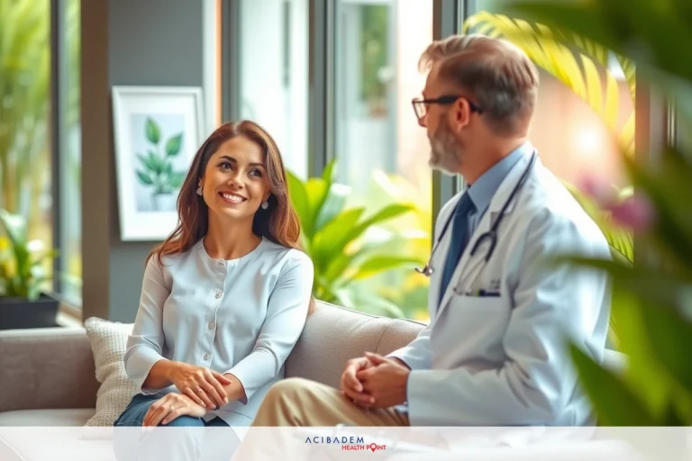 A professional setting, likely a doctor's office. A woman is sitting on the couch while talking to a doctor who is standing and facing her. They are both smiling, suggesting a positive interaction. The office has modern decor with plants adding a touch of greenery.
