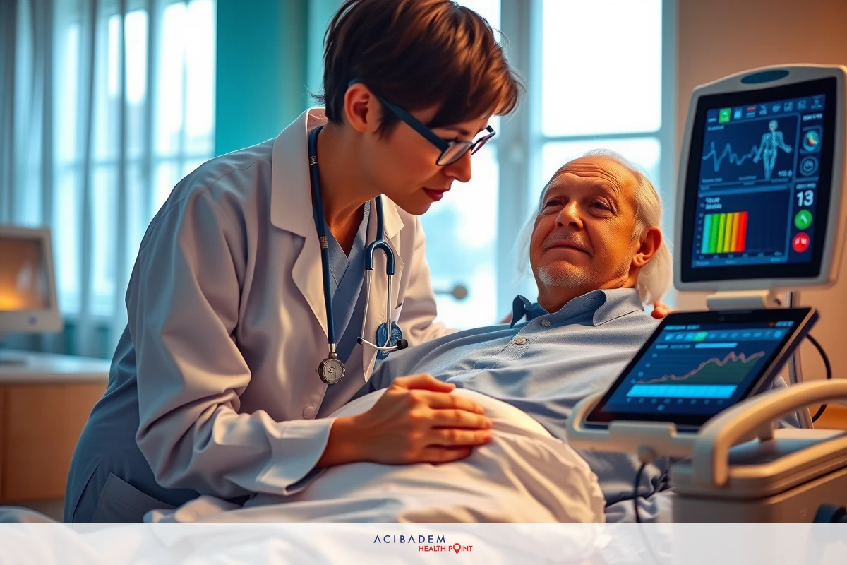 In a well-lit medical setting, an older man lies on a hospital bed while a female healthcare professional attentively examines him. The professional's stance suggests she is a doctor or nurse, and the bed is equipped with various monitoring devices. Her focus on the patient indicates the seriousness of their condition.