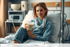 The image shows a woman sitting in what appears to be a hospital bed. She is wearing a grey long-sleeve shirt and is holding a cup of tea or milk. The environment includes medical equipment typically found in a healthcare setting.