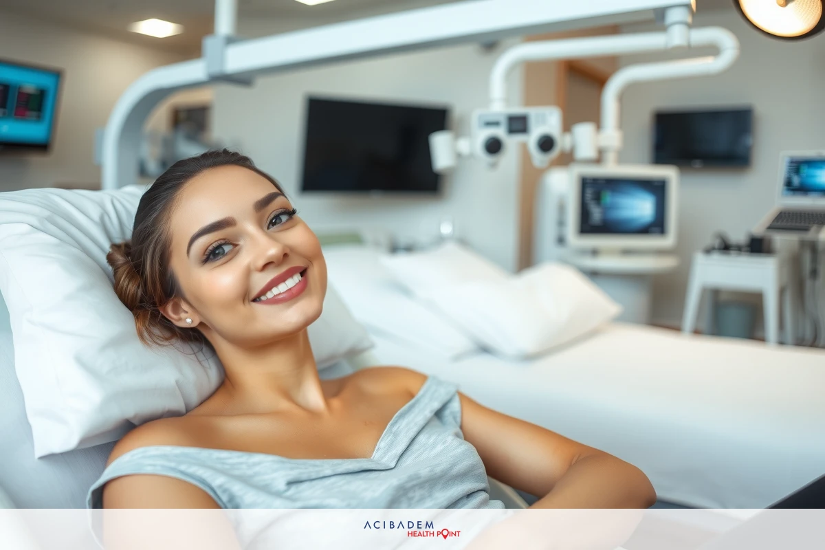 The image depicts a woman lying in what appears to be a medical or dental examination chair. She is smiling and seems relaxed, wearing casual attire. The environment around her has medical equipment and monitors, suggesting a clinical setting. No unnecessary details are visible; the focus is on the subject and her surroundings.