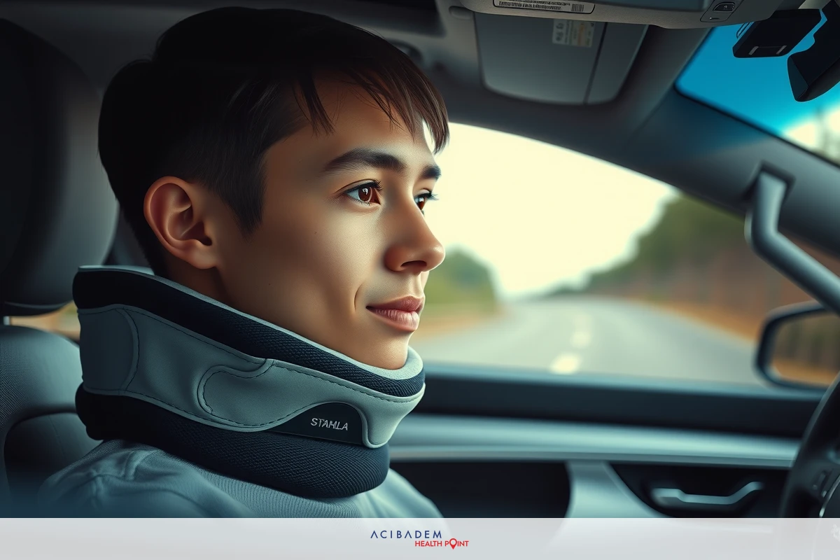 A man wearing a neck brace, driving a car with a contemplative expression, set against an overcast sky and trees in the background. The color palette is dominated by grays and greens.