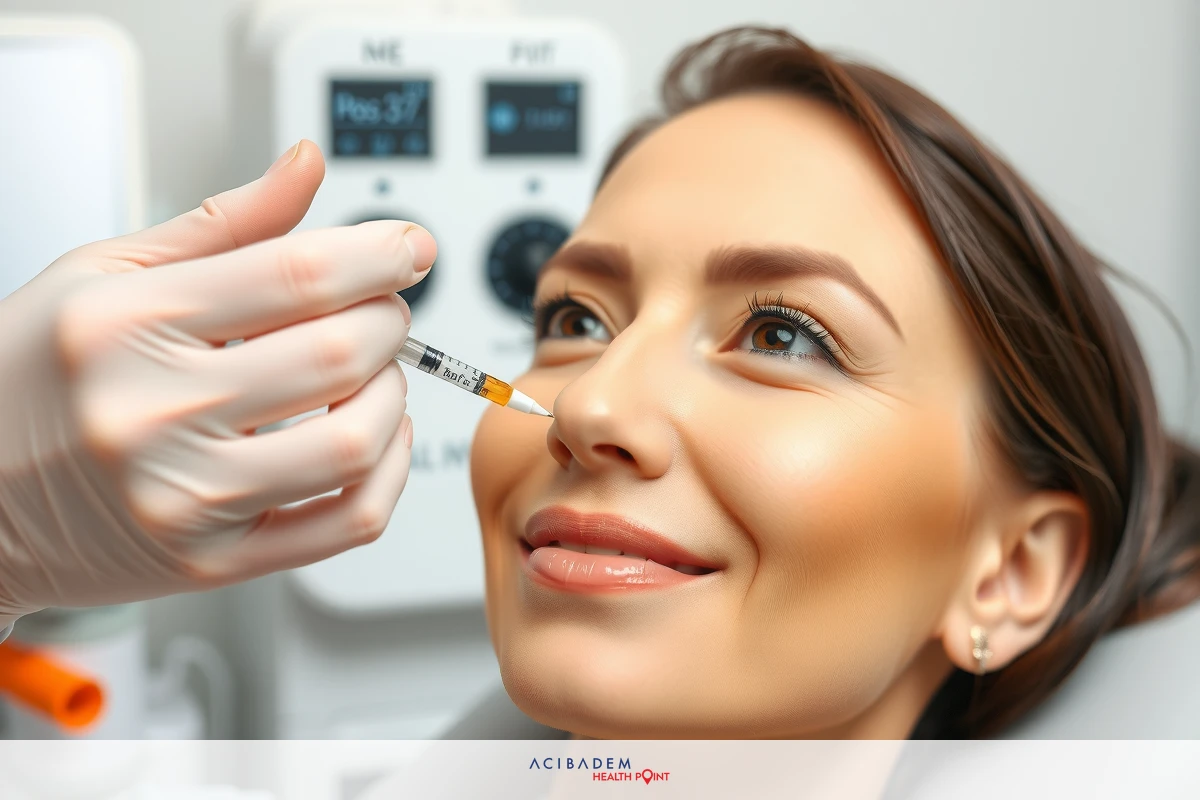 A woman sitting comfortably as a healthcare professional administers a vaccine injection, likely during a medical appointment. The environment appears to be an office setting with clinical equipment and monitoring devices in the background.