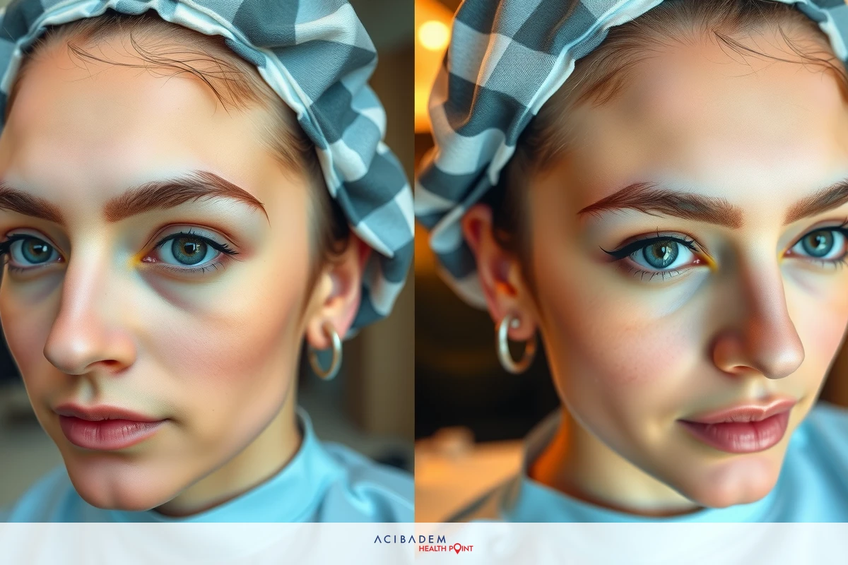 The image shows a woman with a neutral expression, wearing a white head covering and glasses. Her makeup includes defined eyebrows and eyeliner. The setting appears to be indoors, likely in a domestic environment.