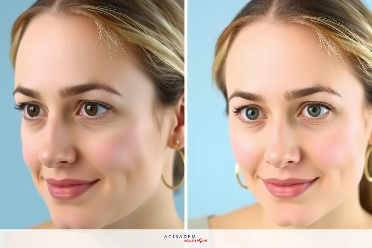 Close-up of a woman's face showing comparison before and after makeup application. The image illustrates the transformation through beauty enhancements.