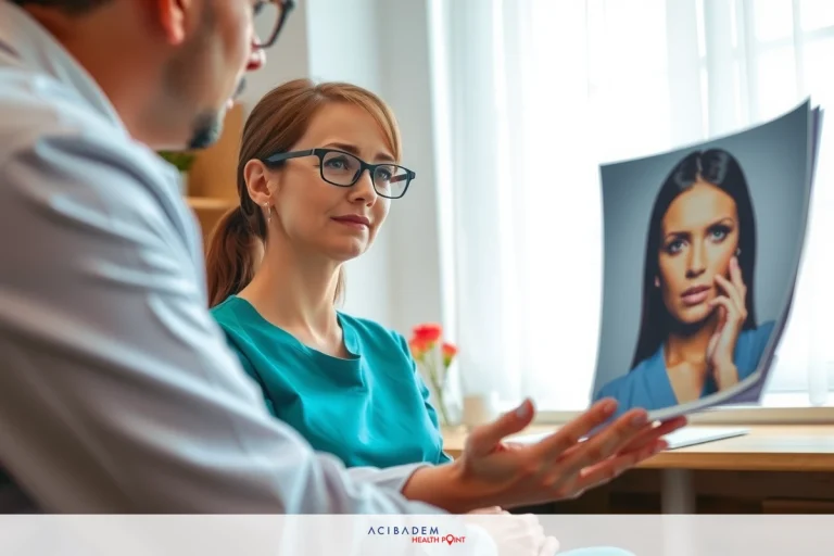 A medical professional in blue scrubs looking at a large photograph of a patient's face on a laptop screen. A doctor, wearing glasses and a white coat, appears to be explaining or discussing the image with her.