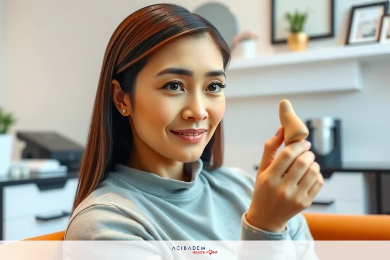 How Much Non Surgical Rhinoplasty A woman seated in a modern indoor office environment. She is wearing a grey top and holding up her index finger, suggesting she might be counting or discussing an aspect of the business.