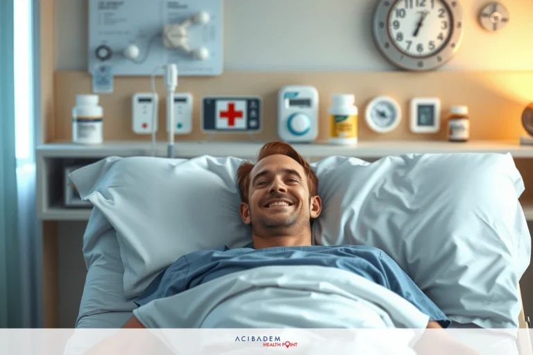 A man in a hospital bed, smiling and holding his chest. The room is equipped with medical equipment such as monitors and oxygen tanks.