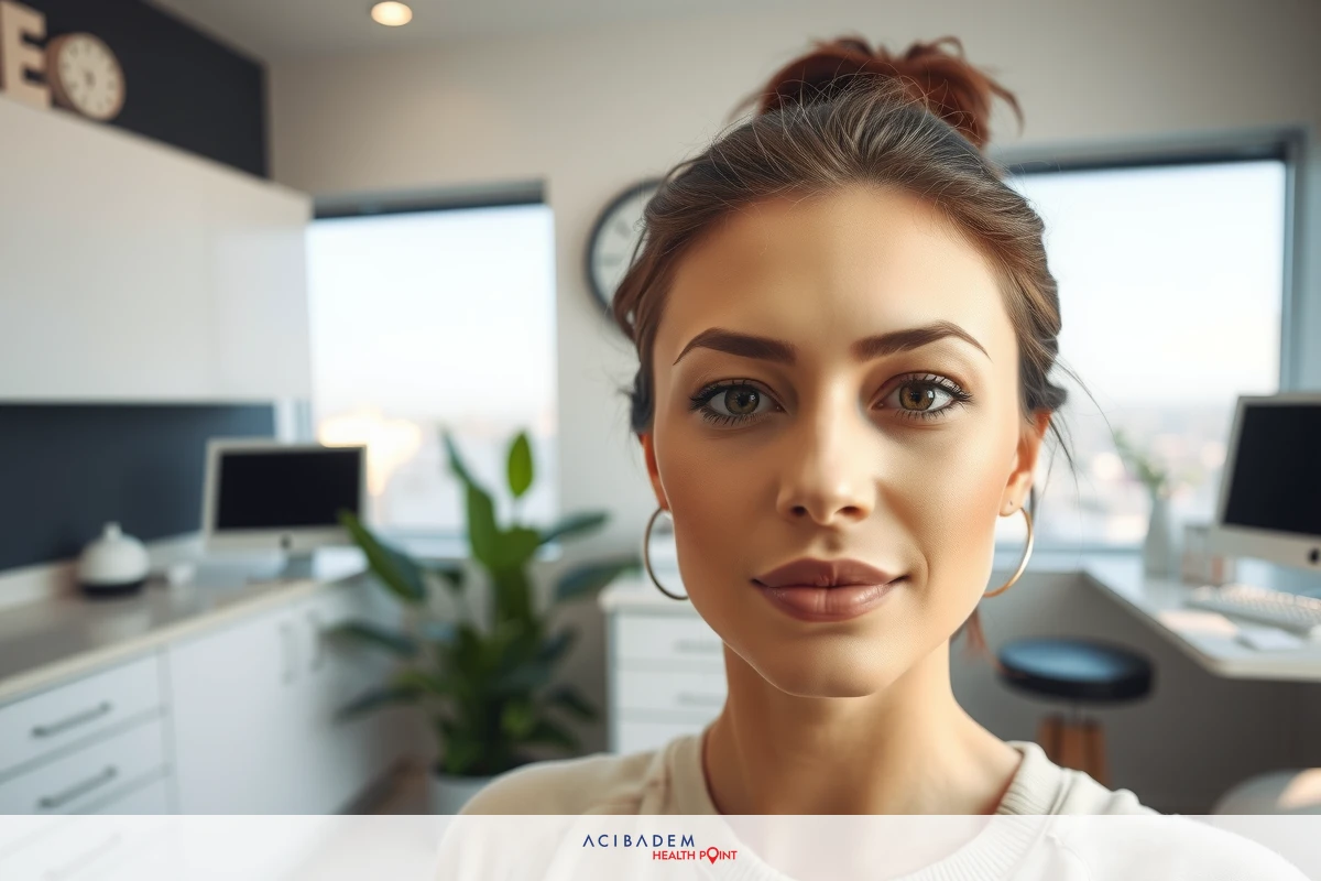 A woman in an office setting. She is looking at the camera with a neutral expression on her face. Her hair is styled up and she wears casual attire with a light shirt.