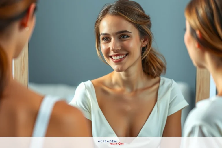 What is Tip Rhinoplasty The image is a digital rendering of a woman in a white dress looking at her reflection in the mirror. The environment suggests an indoor setting, possibly a bathroom or a bedroom. The color palette is soft and neutral with pastel hues dominating the scene.