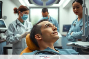 The image shows a medical setting with multiple healthcare professionals. A patient is seated in what appears to be an examination chair, looking up and to the left, smiling at someone off-camera. The environment includes medical equipment typically found in dental or medical practices.