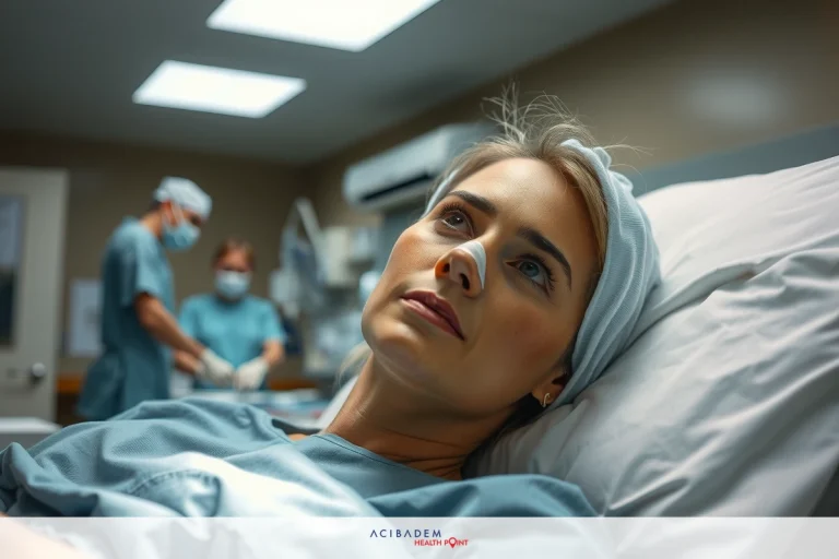 What is Gore Tex Rhinoplasty The image shows a hospital scene with two people. A woman is lying on the operating table, possibly being operated upon. She appears stressed or anxious. In the background, another individual is wearing medical scrubs and likely part of the surgical team. The room has clinical lighting and sterile environment indicative of a medical setting.