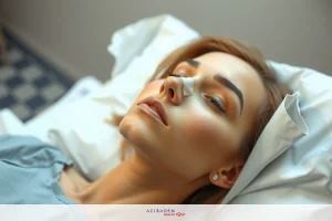 The image depicts a woman lying in a hospital bed, with oxygen being administered through her nose. Her face is relaxed, and she appears to be resting or sleeping. The environment suggests a medical setting, characterized by sterile white tones and the presence of medical equipment.
