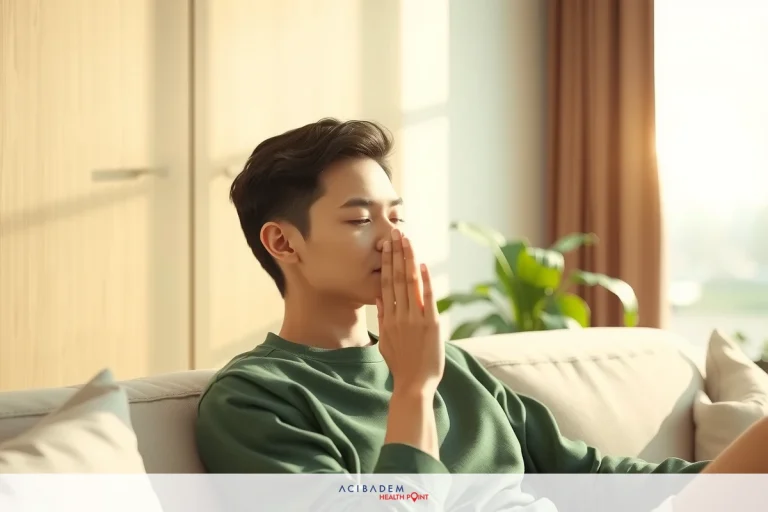 A man seated on a couch, leaning forward with his hand covering his nose and mouth. He has dark hair and is wearing a green sweater. The room around him appears modern with natural light coming in from the windows.