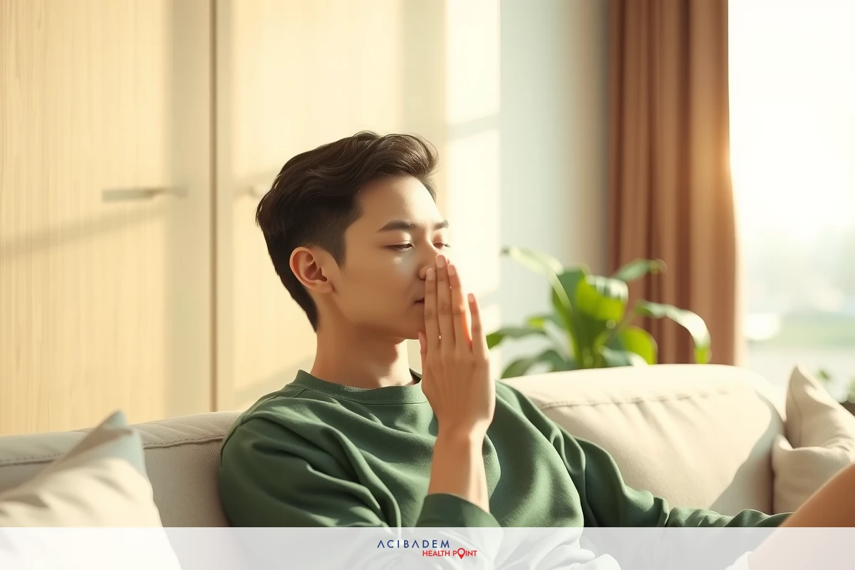 A man seated on a couch, leaning forward with his hand covering his nose and mouth. He has dark hair and is wearing a green sweater. The room around him appears modern with natural light coming in from the windows.