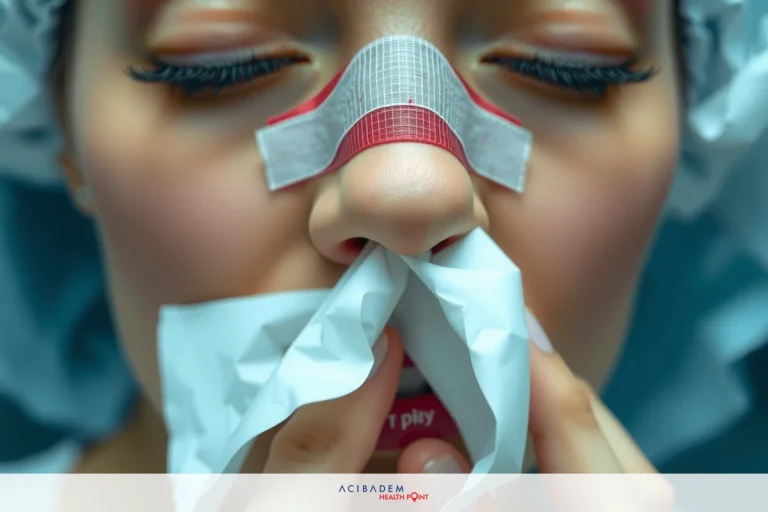 How Soon After Rhinoplasty Can You Blow Your Nose The image features a close-up of a person's face with their eyes closed, showcasing medical treatment. The individual appears to be wearing some kind of face mask or protective equipment over the nose and mouth area. There is visible bandage tape across the bridge of the nose.