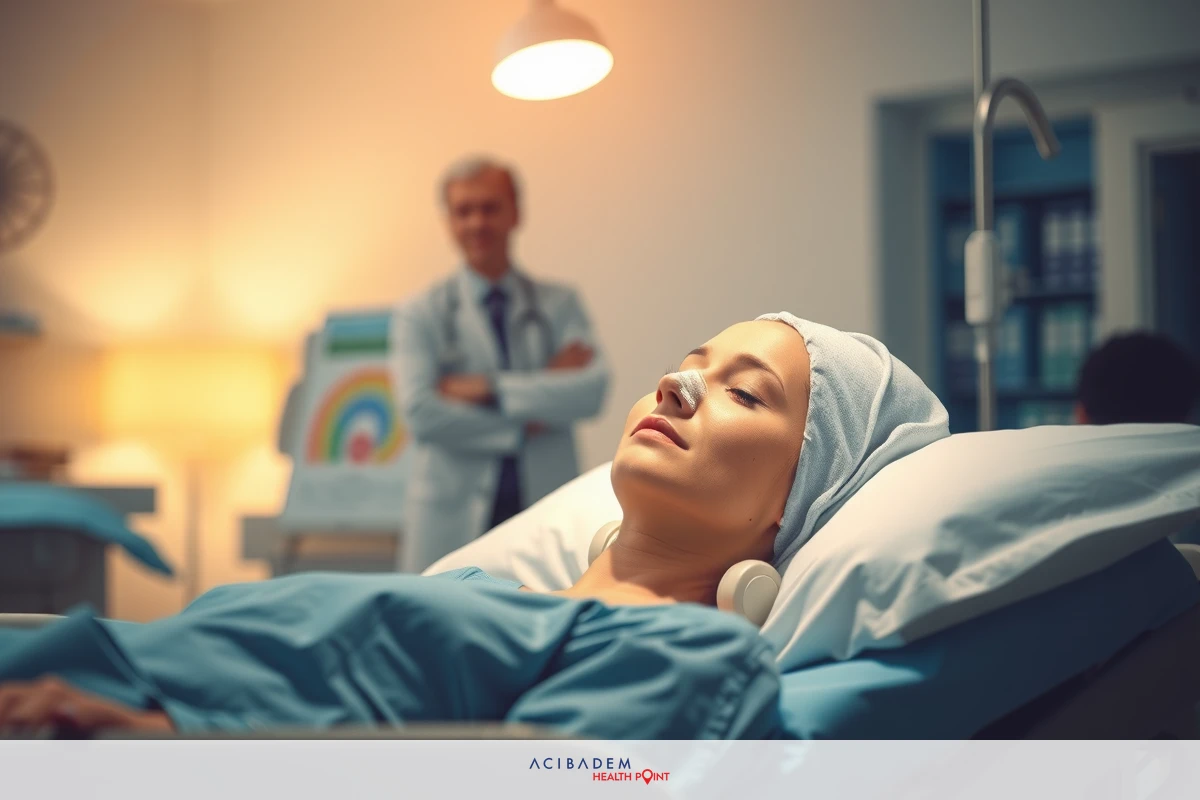 A medical scene showing a doctor and patient. The doctor, in scrubs and holding a clipboard, stands to the right of the hospital bed with a woman lying down. The woman is covered with sheets, possibly receiving treatment or monitoring.