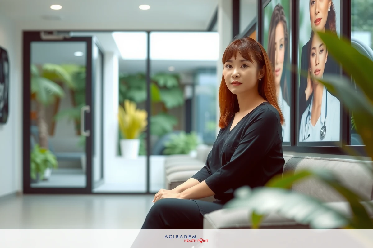 A woman in a black top is seated on a couch in an office with large windows. On the wall behind her are framed pictures of clients and a TV screen displaying images.