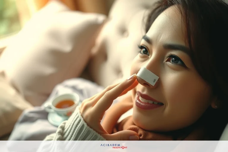 How to Ice Nose After Rhinoplasty A woman is lying down, holding her nose with a tissue or napkin to it. She has a slight smile on her face and seems to be in a light-colored room with pastel tones. Her attire includes a sweater and scarf, suggesting a cozy, indoor setting.