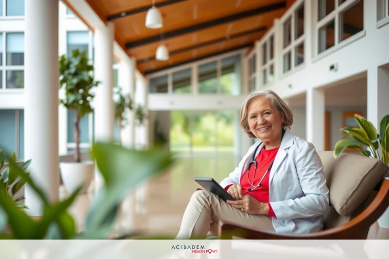 The image features a person, likely a medical professional given the attire, seated in what appears to be a reception area of a clinic or hospital. The individual is wearing a white coat over a red top and has a tablet in their hands. In the background, there are potted plants adding a touch of greenery to the space. The environment suggests a professional yet comfortable setting, possibly for patient consultations or waiting areas.