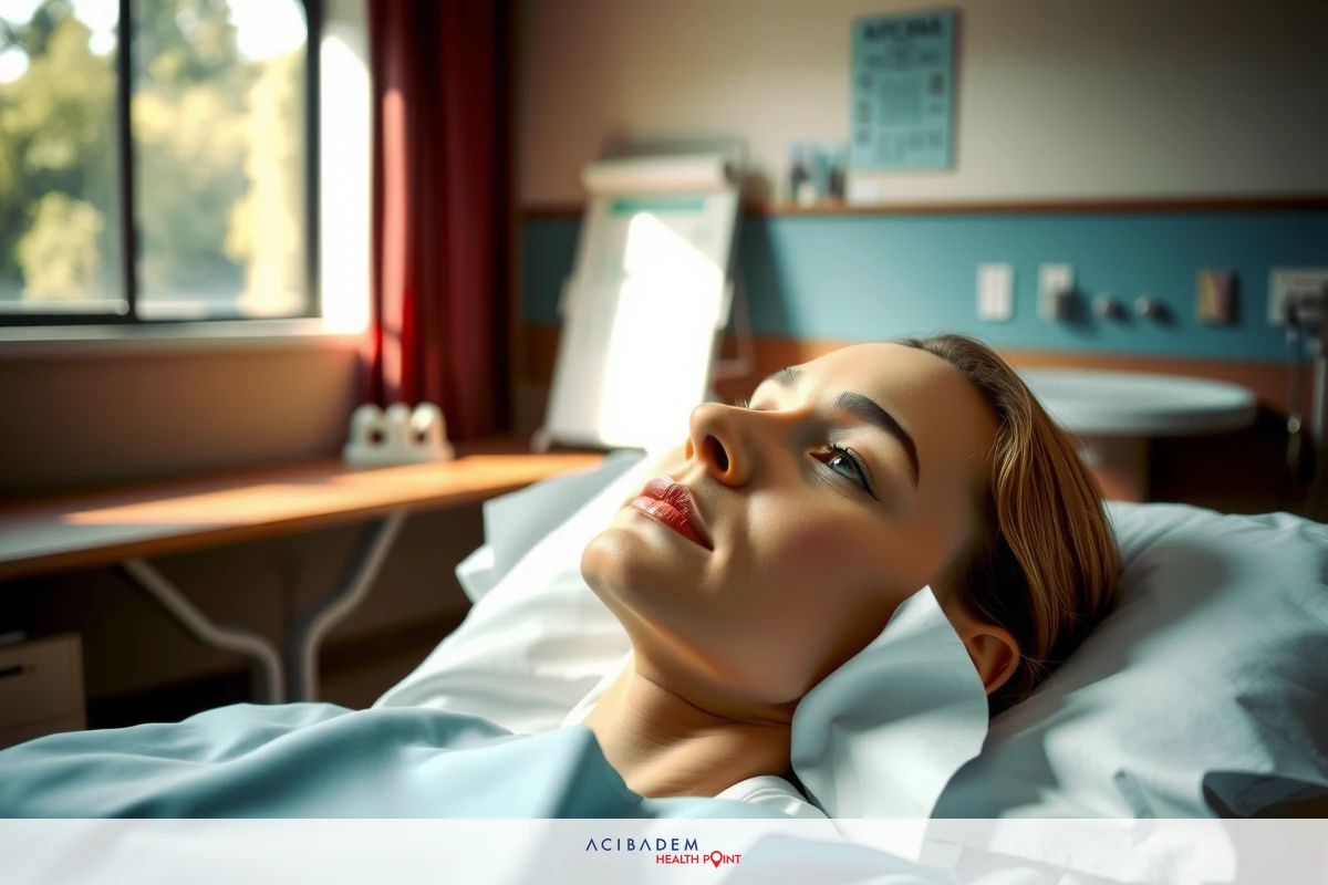 The image depicts a woman lying on an examination table in a medical setting. She appears to be receiving some form of health check or treatment. The room is well-lit, with a calming atmosphere.