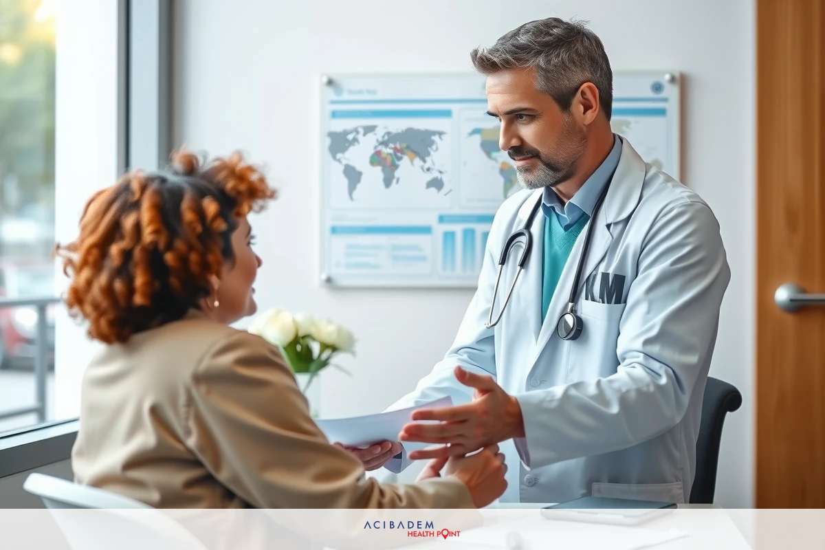 Two individuals interacting in a professional setting. A doctor, identifiable by white coat and stethoscope around neck, shaking hands with a patient or colleague.