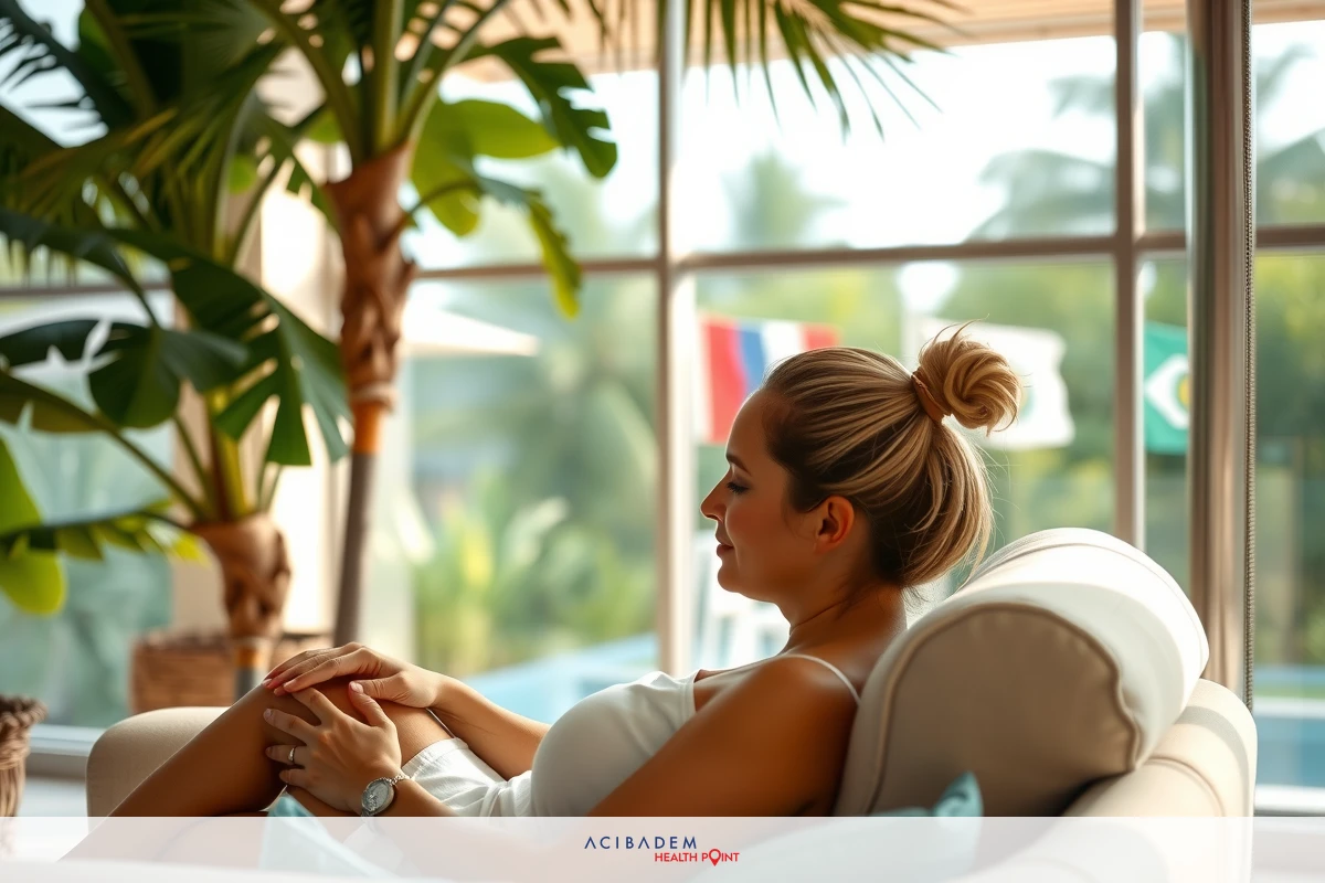 A woman is sitting on a couch in an open-air living room, dressed in white. She's wearing her hair up and smiling at someone or something out of frame.