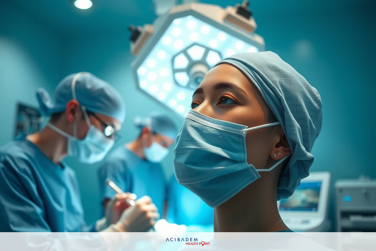 A medical operating room with a surgical team, including a surgeon in the foreground wearing an apron and performing surgery on a patient.