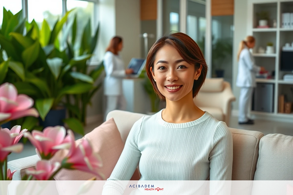The image shows a professional woman with short hair, wearing a light-colored blouse. She is seated on the right side of a couch in an office environment. The office features modern furnishings and decor, including plants, which contribute to a relaxed yet professional atmosphere. The woman appears to be smiling and engaged in conversation or awaiting an appointment.