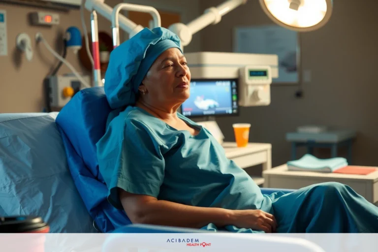 A female patient lying on a hospital bed in an operating room environment, wearing medical attire. She has tubes and devices hooked to her, indicating she might be undergoing a medical procedure.