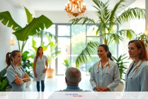 Group of doctors in medical office, standing around each other and looking down at seated patient. Office setting with large windows providing natural light.