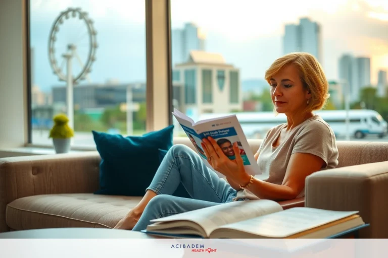 A woman is seated comfortably in a room with large windows, overlooking an urban skyline. She is holding a book and reading it. The environment is bright and inviting, suitable for relaxation and quiet contemplation.