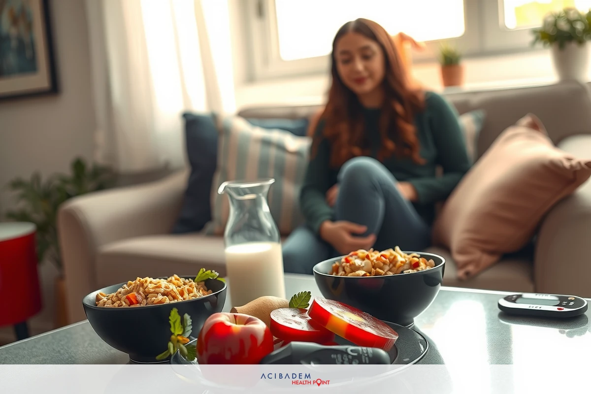 A woman sitting on a sofa, a table with bowls of food in front of her. The room has light tones and is well-lit.