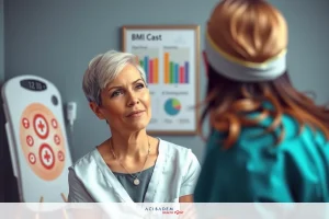 Two women in a professional office setting. One woman is wearing a white doctor's coat, the other appears to be listening or speaking.