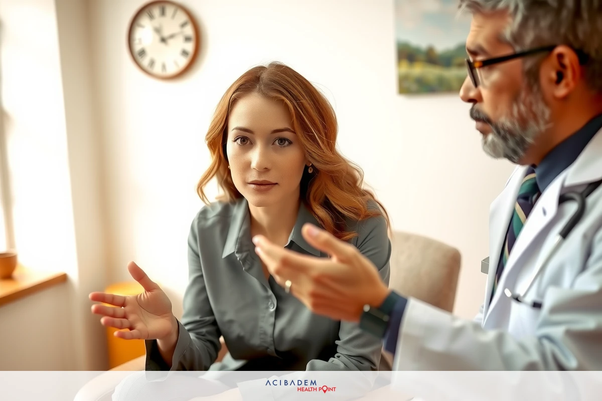 The image depicts a professional office setting where two individuals are engaged in what appears to be a consultation. A male figure, possibly a medical doctor given the context, is speaking with a female patient or client who is listening attentively.