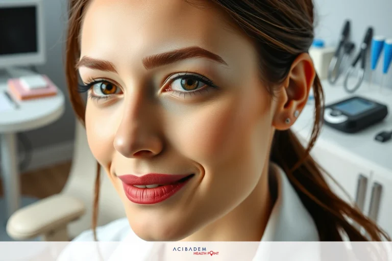 The image features a young woman with red lipstick, smiling gently at the viewer. She appears to be in a medical office environment, indicated by the presence of medical equipment. Her light brown hair is styled in loose waves, enhancing her approachable appearance.