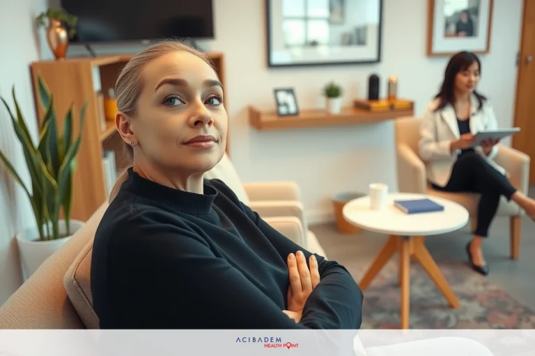 How Much is a Typical Rhinoplasty? A woman with her arms crossed sits attentively in a modern office setting, observing another person seated across from her.